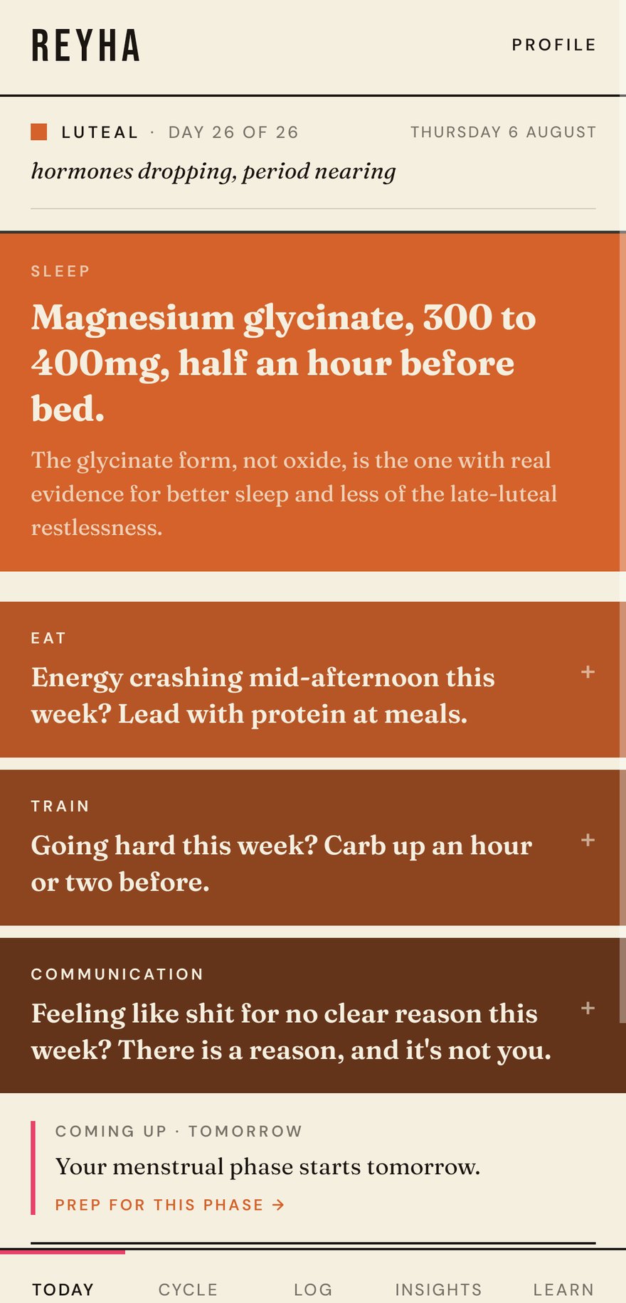 Reyha Today screen during the luteal phase, rendered in orange.