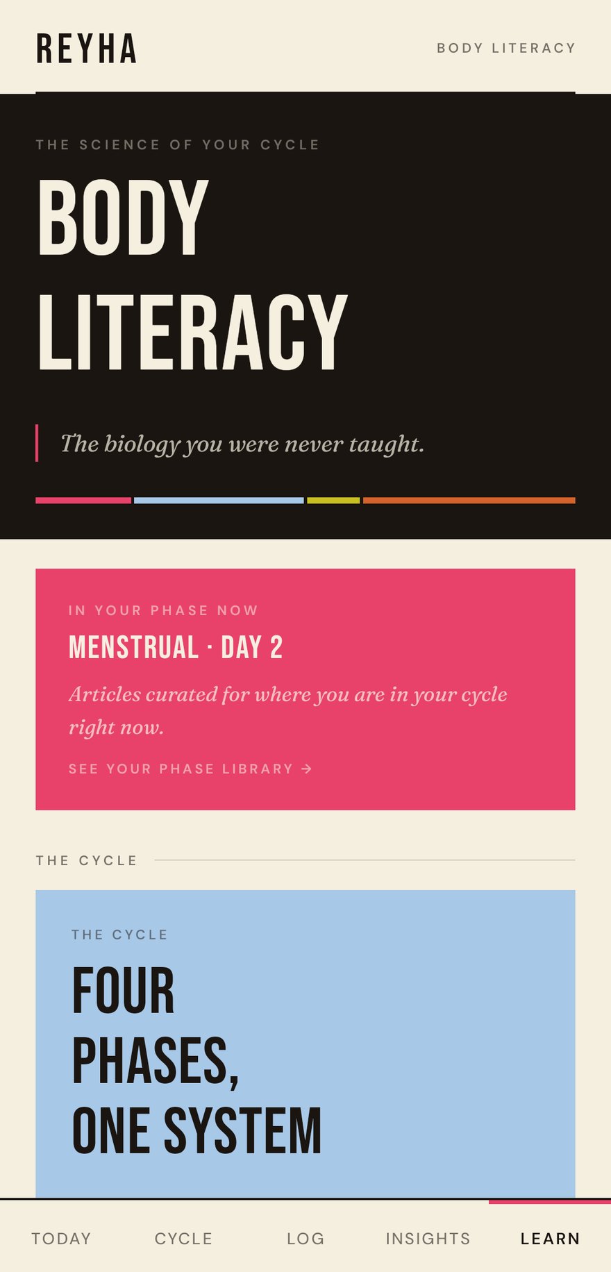 Reyha Learn tab, headed Body Literacy, the science of your cycle, with articles curated for the phase the user is in now.